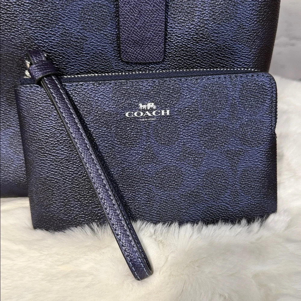 NWT COACH Navy Dark Blue‎ logo print Sadie Satchel, Wristlet, Dust bag BUNDLE.